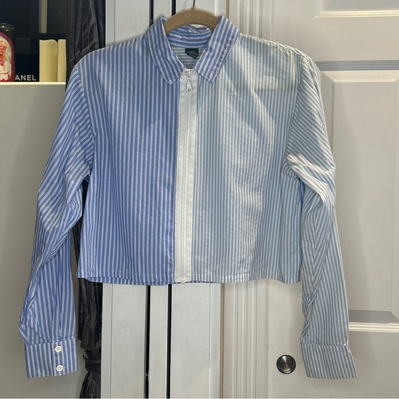 Preppy Striped Boxy Cropped Top Blue & White Collared Long Sleeve XS Mod Office - Picture 1 of 5